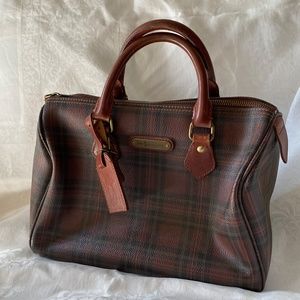 VTG Polo Ralph Lauren Brown Tartan Plaid Boston Handbag Satchel Coated Canvas